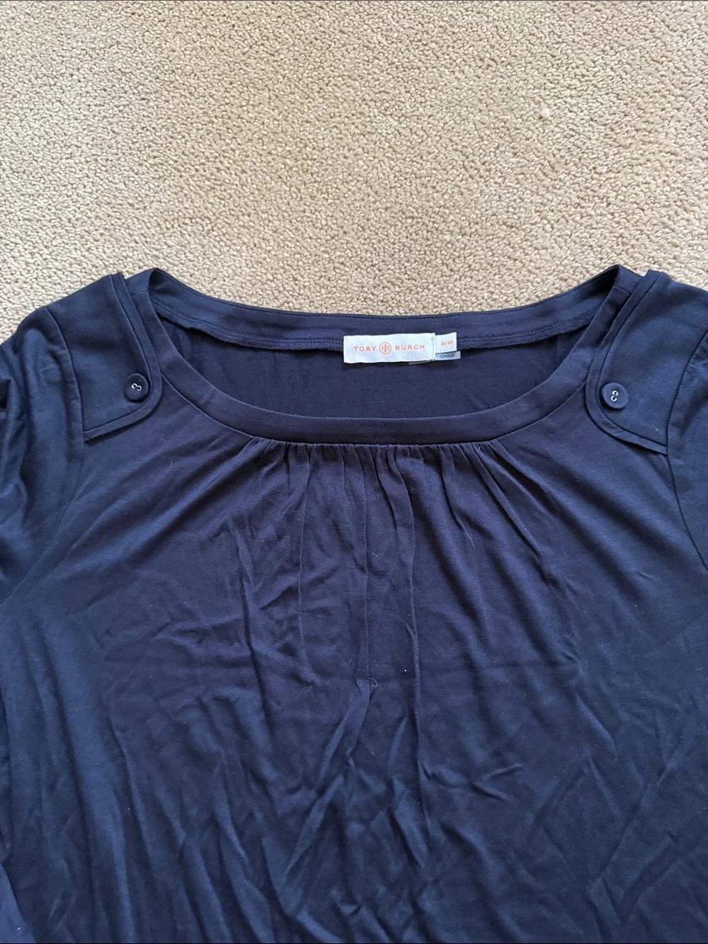 Tory Burch Navy Long-Sleeve Crewneck Blouse with Button Detail